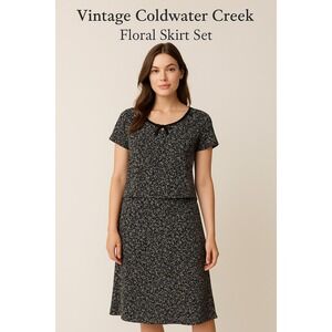 Vtg Coldwater Creek Womens Skirt Blouse Set 14 Black White Floral Silk Korea NWT